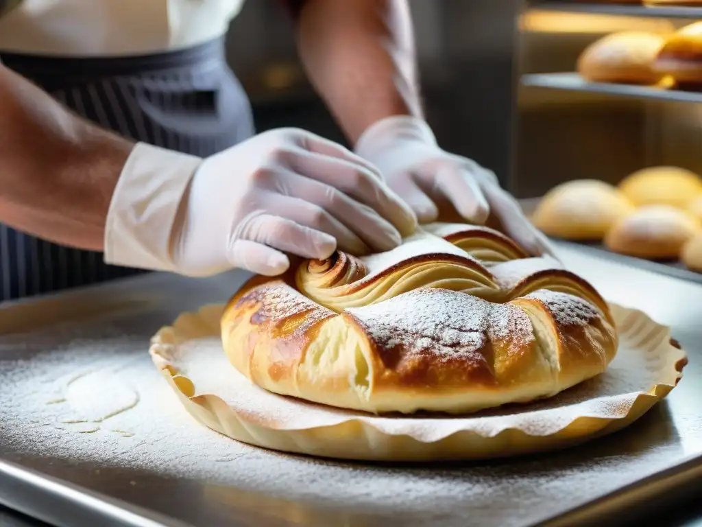 Un maestro repostero elabora con destreza la sfogliatella napolitana, mostrando la meticulosidad de la receta tradicional