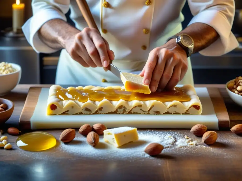 Un maestro repostero preparando con destreza un Torrone tradicional italiano en una cocina rústica