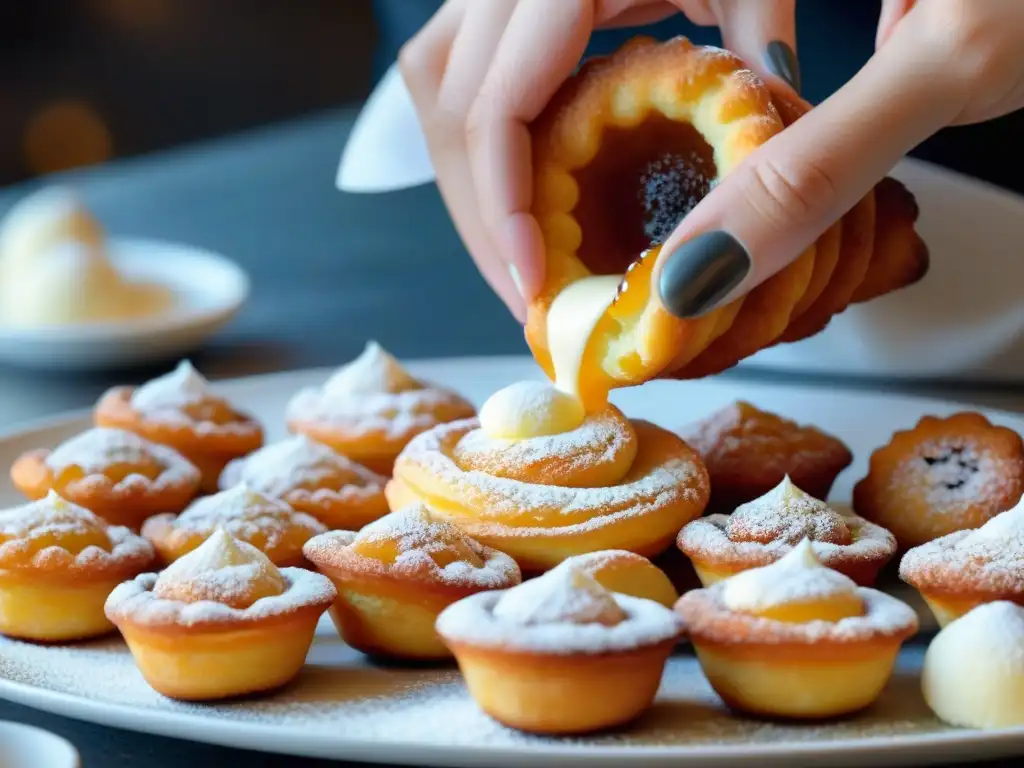 Un maestro repostero crea Zeppole di San Giuseppe con detalle, rellenando con crema de ricotta