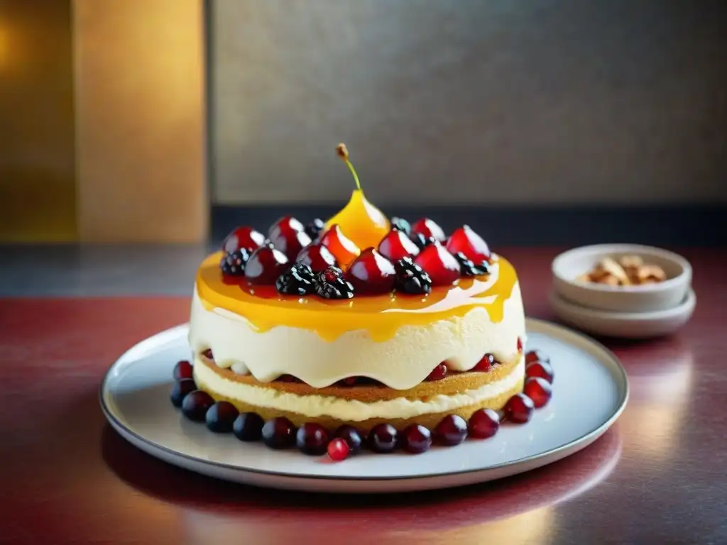 Un maestro repostero italiano vierte almíbar cítrico sobre una cassata siciliana, destacando sus capas y decoración con granadas