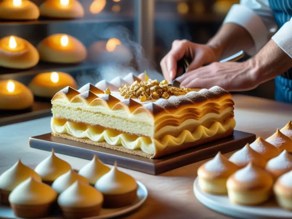 Un maestro repostero italiano creando delicadas flores de azúcar para decorar un tiramisú, en una panadería tradicional