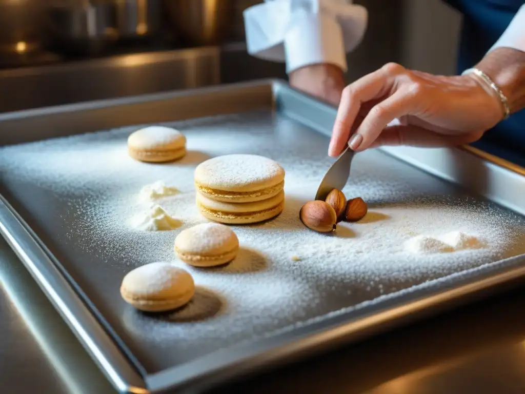 Un maestro repostero italiano elabora con destreza los Amaretti, mostrando la tradición y precisión de los Secretos del macarrón italiano tradicional