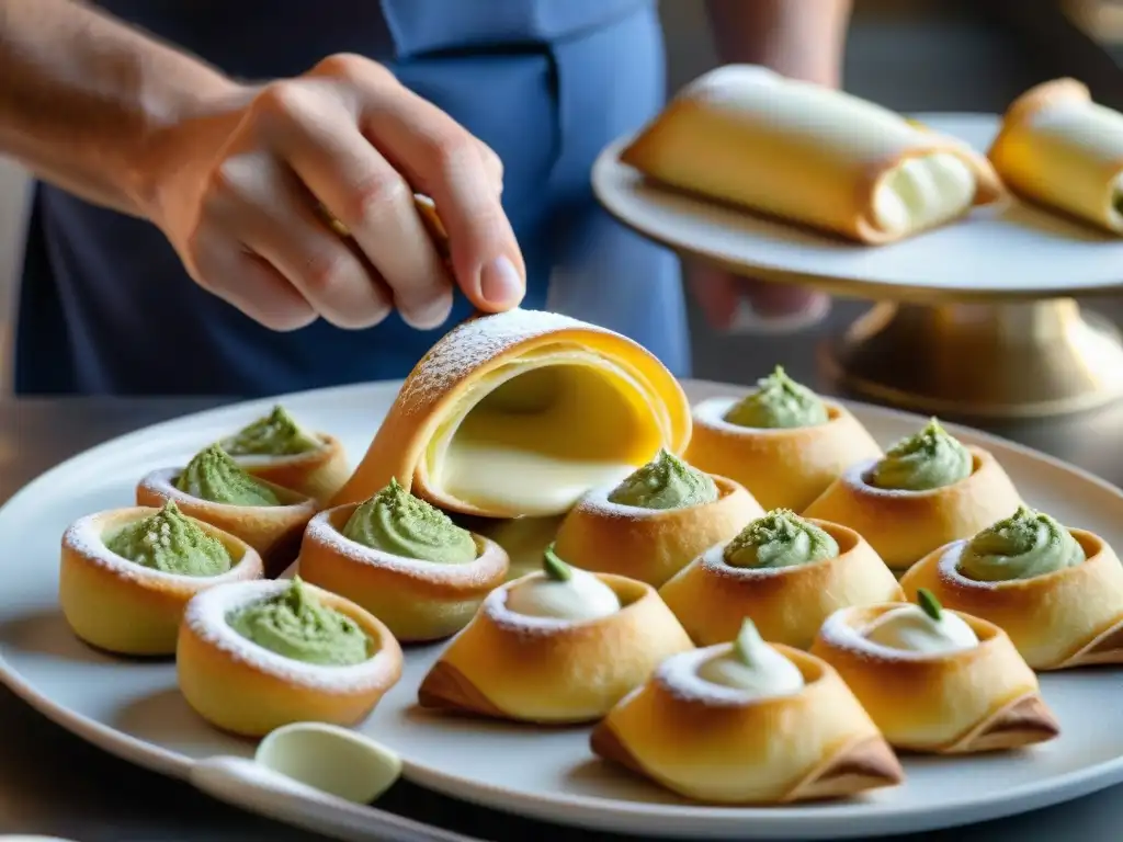 Un maestro repostero italiano innova con diseños festivos de pistacho en cannoli recién horneado