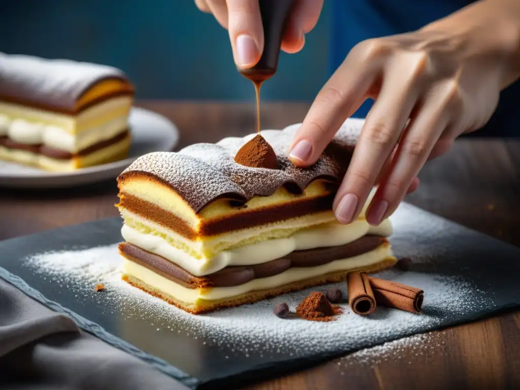 Un maestro repostero italiano experto en repostería italiana innovadora tradicional, decorando tiramisú con precisión y creatividad