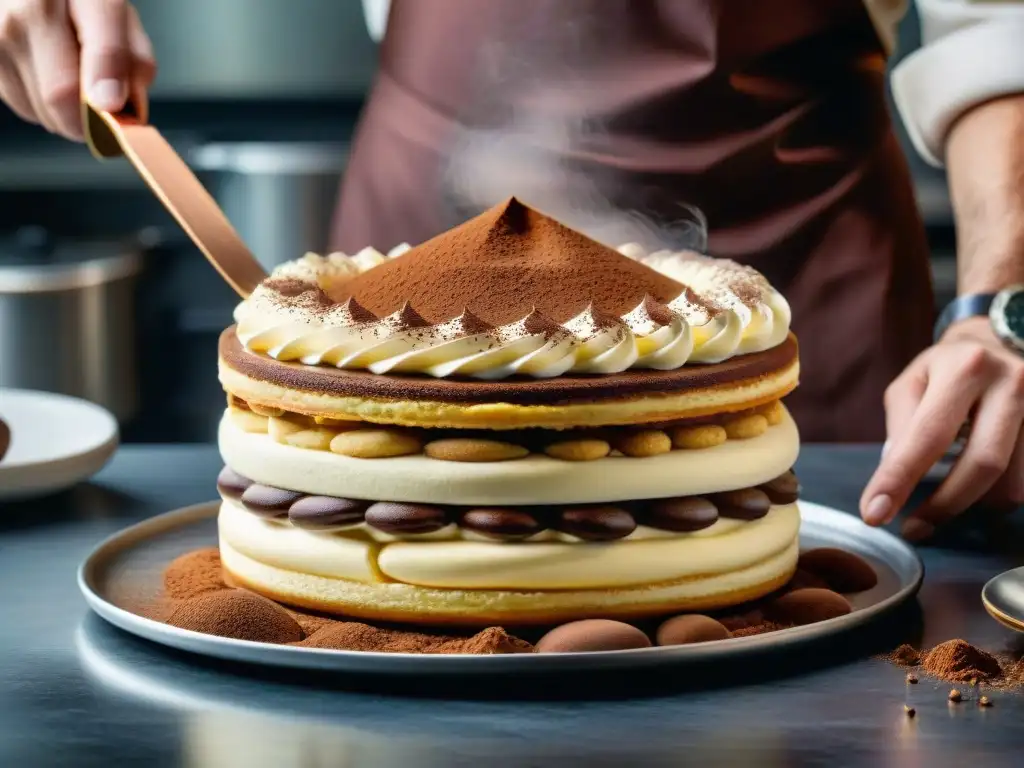 Maestro repostero italiano preparando un exquisito tiramisú, destacando la tradición en postres italianos tendencias y recomendaciones