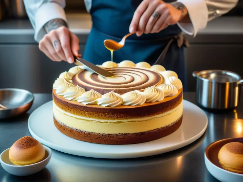 Un maestro repostero italiano innovador y tradicional decorando un pastel con crema de tiramisú