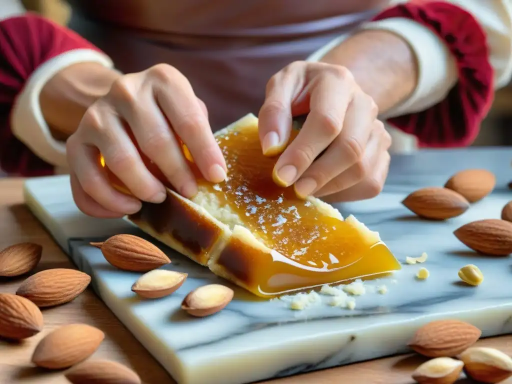 Maestro repostero italiano elaborando a mano el dulce navideño italiano Torroncino con precisión y arte en una tradición festiva