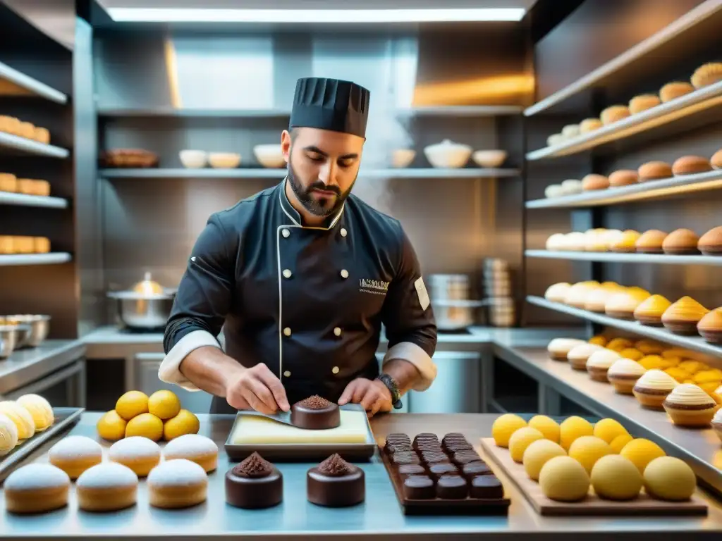 Un maestro repostero italiano crea una obra maestra de repostería italiana innovadora tradicional en una bulliciosa cocina