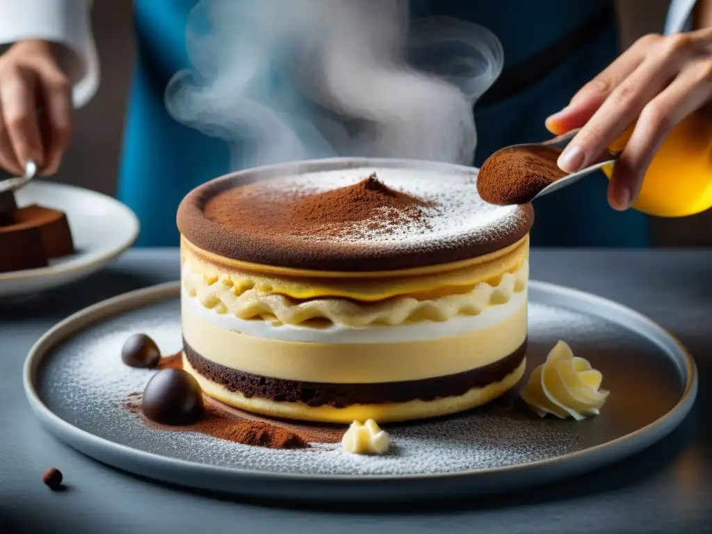 Un maestro repostero italiano innova postres, decorando un tiramisú con precisión artística