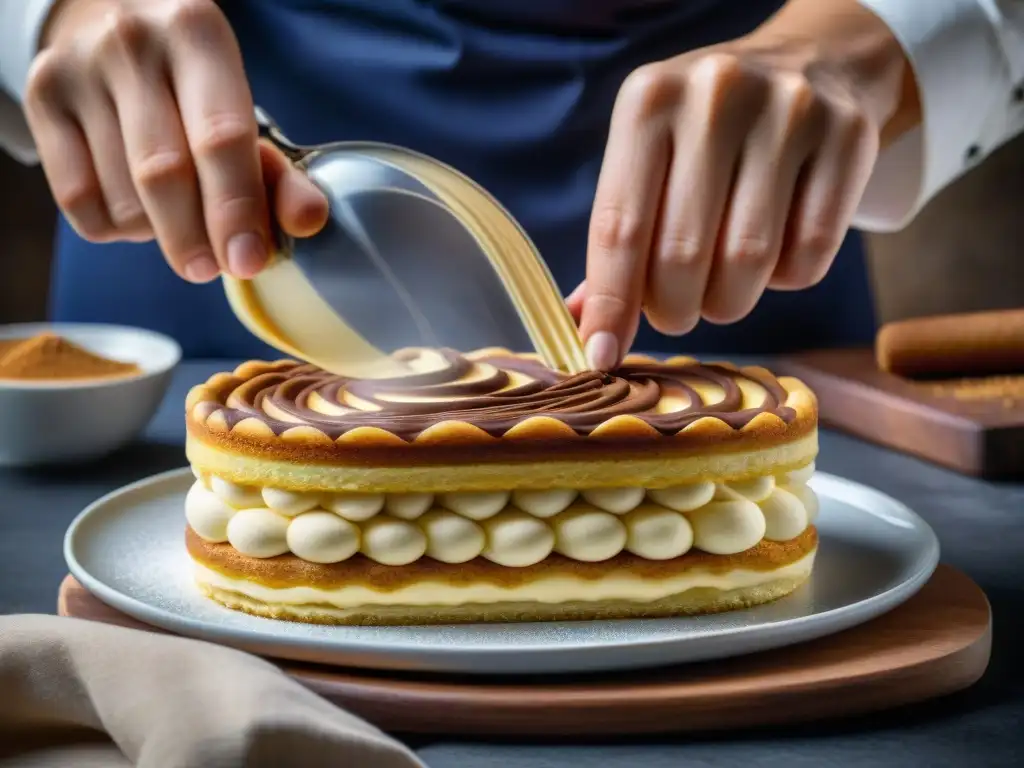 Un maestro repostero italiano elabora con precisión una exquisita receta de tiramisú