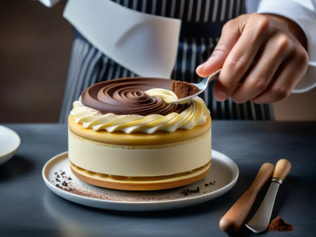 Un maestro repostero italiano elaborando con precisión un exquisito tiramisú