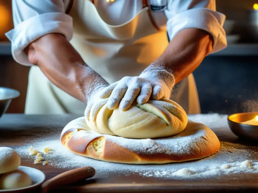 Maestro repostero italiano amasando una receta auténtica pan higo con destreza en cocina rústica