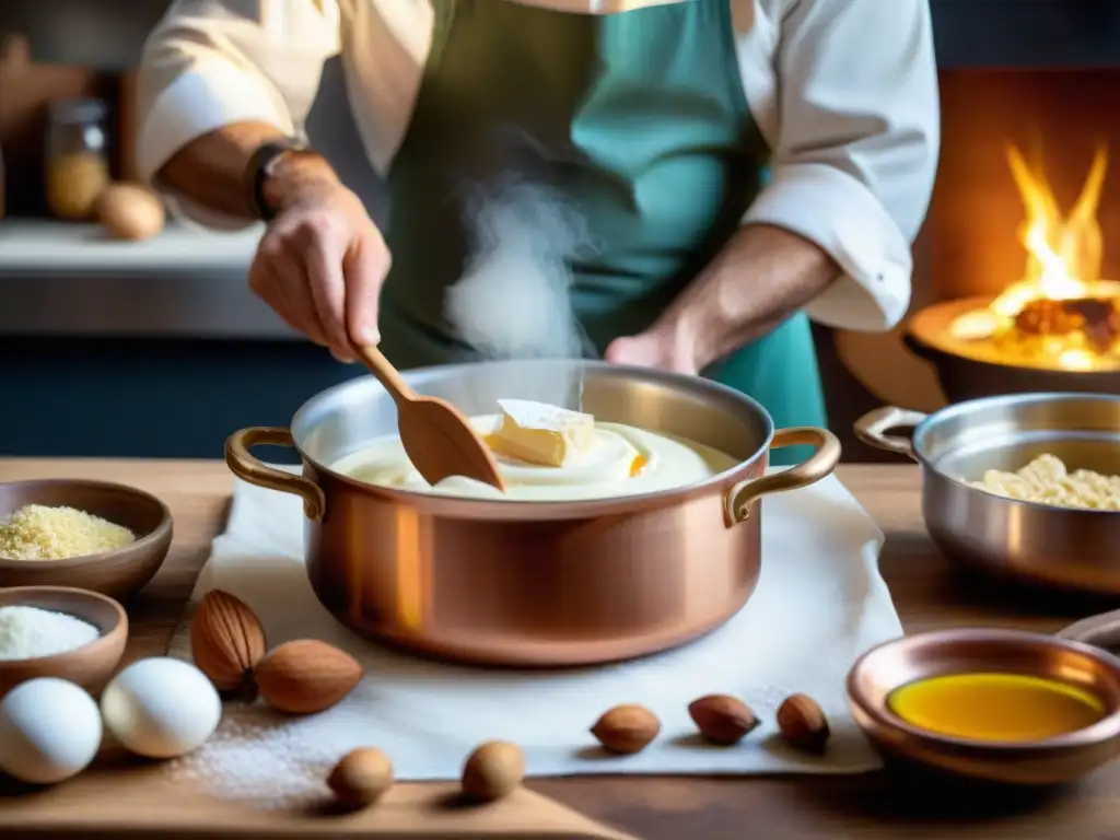 El maestro repostero italiano prepara Torrone, rodeado de ingredientes, en una cocina tradicional