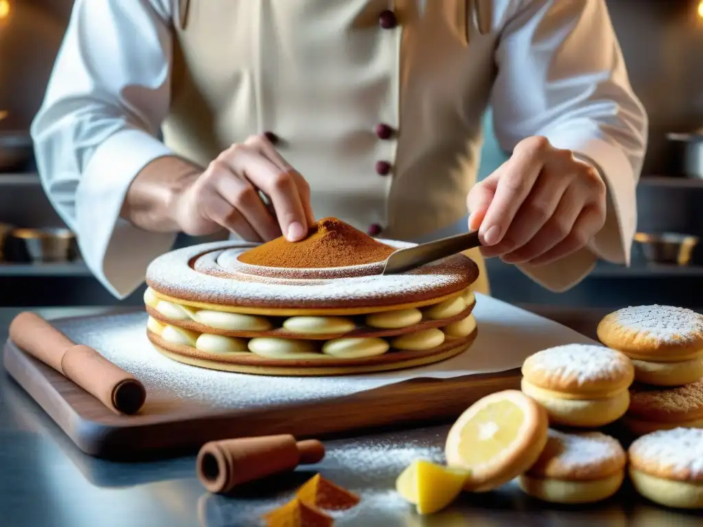 El maestro repostero italiano elabora secretos de repostería italiana dulce en una cocina tradicional bulliciosa