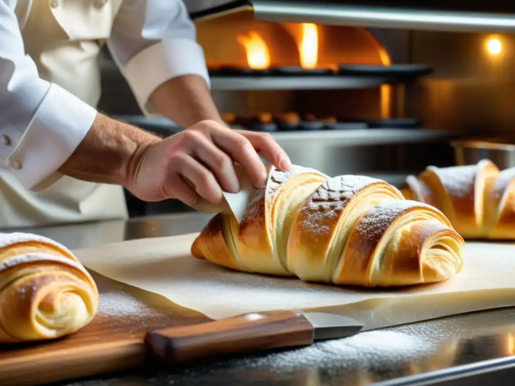 Un maestro repostero italiano crea una sfogliatella con destreza en una panadería con una auténtica receta italiana