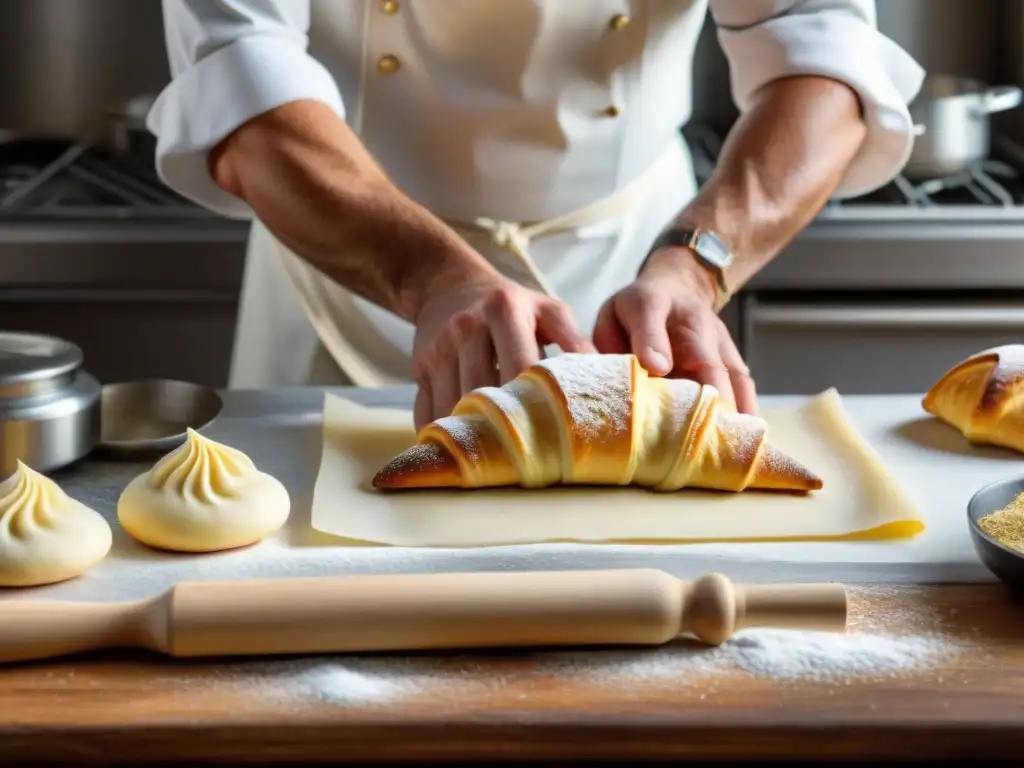 Un maestro repostero italiano crea una sfogliatella, mostrando la artesanía de la repostería tradicional del sur de Italia