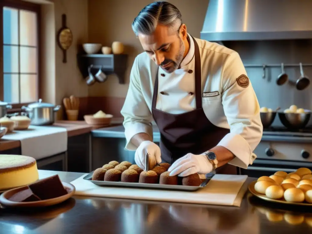 Un maestro repostero italiano elaborando un Tiramisú en una cocina soleada de la Toscana