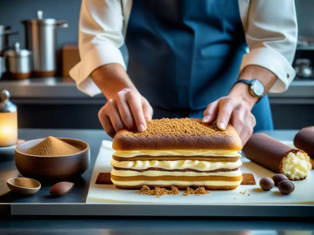 Un maestro repostero italiano preparando un tiramisú en una cocina moderna, fusionando tradición e innovación en la repostería italiana en la cultura