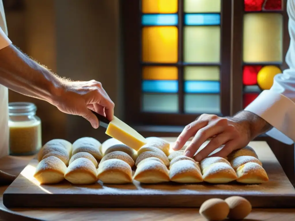 Un maestro repostero italiano elaborando Torroncino en una panadería antigua, con ingredientes y luz cálida