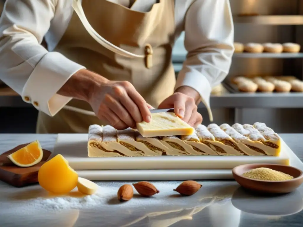 Un maestro repostero italiano preparando Torrone con precisión y destreza en mármol