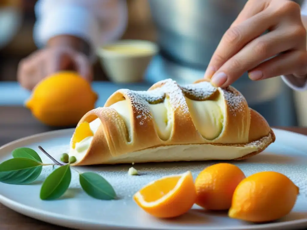 Un maestro repostero rellena con destreza un cannoli siciliano, influencia árabe en repostería italiana