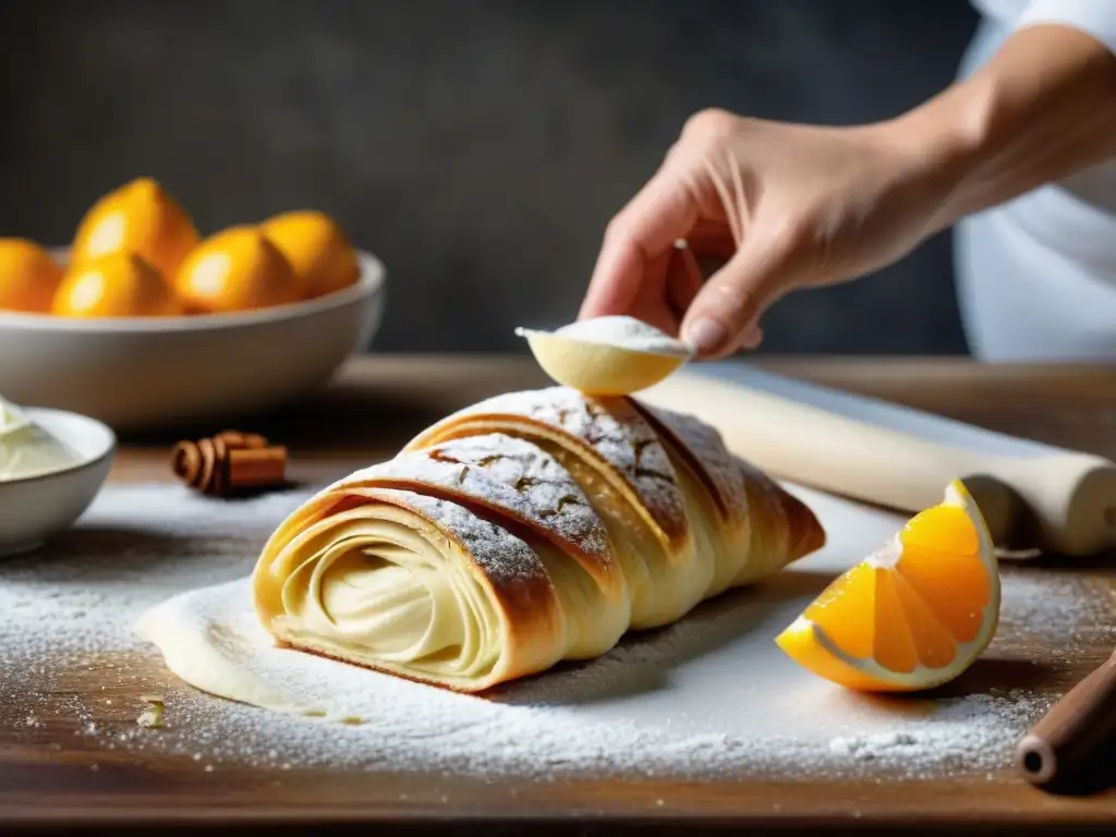 Un maestro repostero elaborando una sfogliatella napolitana con destreza y precisión, en una cocina tradicional