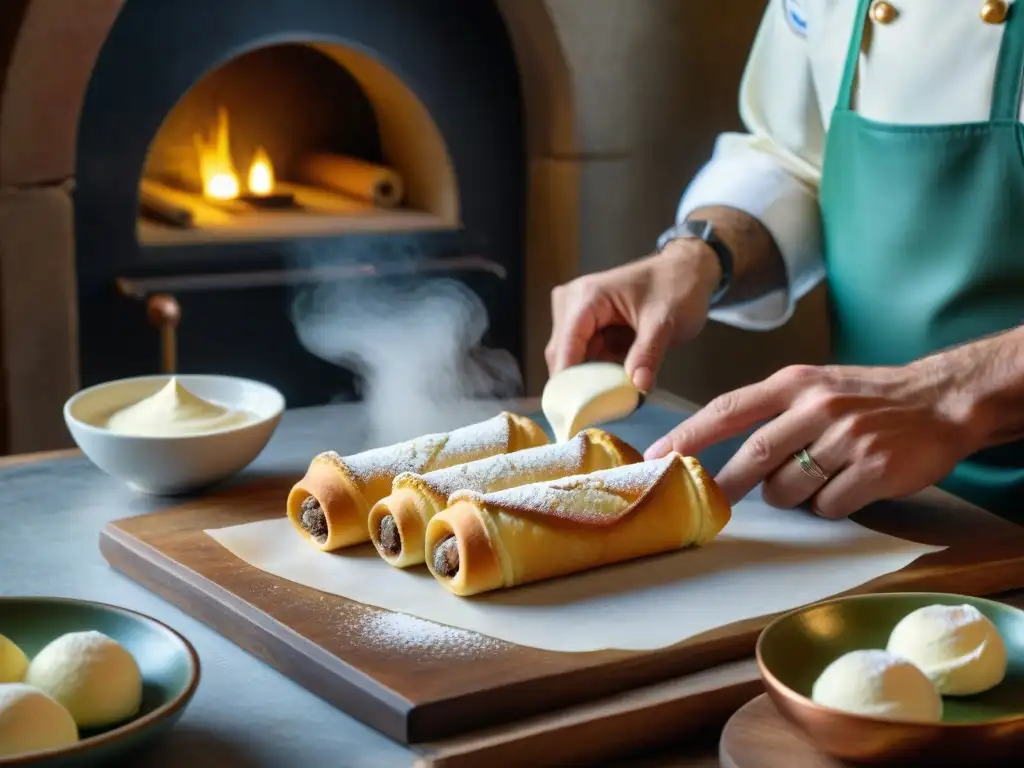 Un maestro repostero siciliano preparando auténticos cannoli sicilianos en una cocina rústica