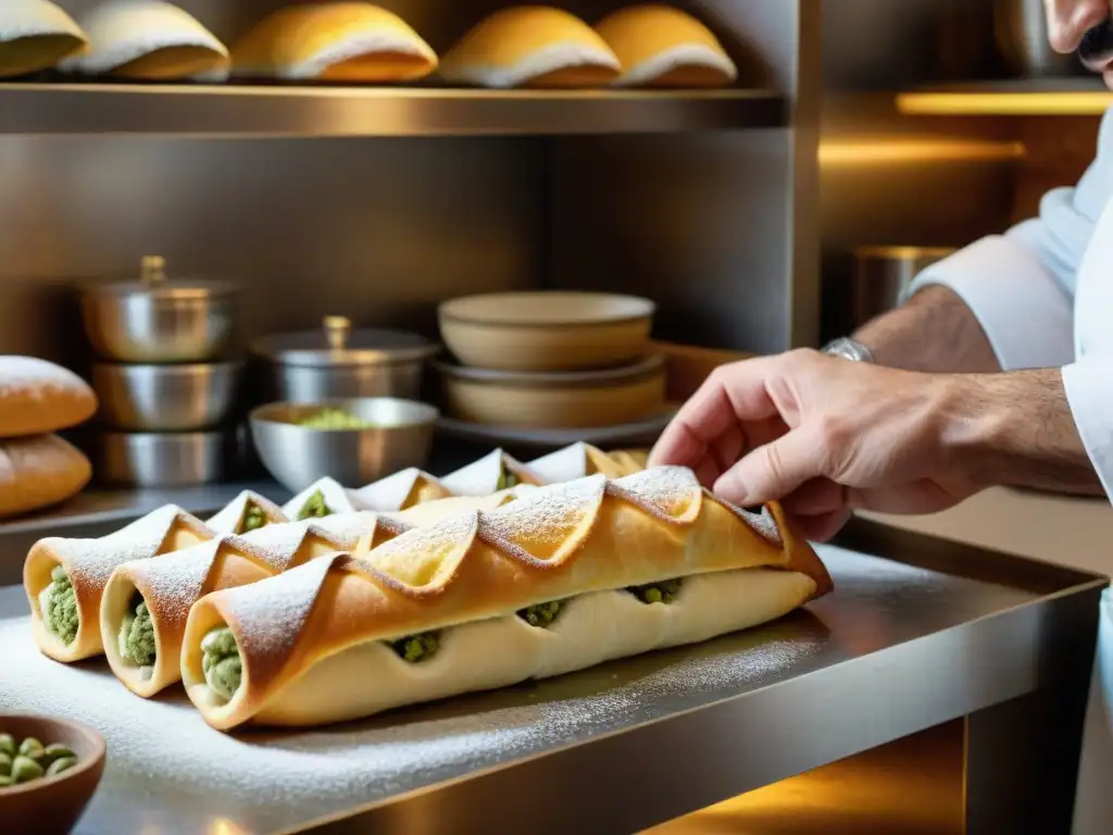 Un maestro repostero siciliano elaborando un Cannoli siciliano receta tradicional en una cocina rústica siciliana