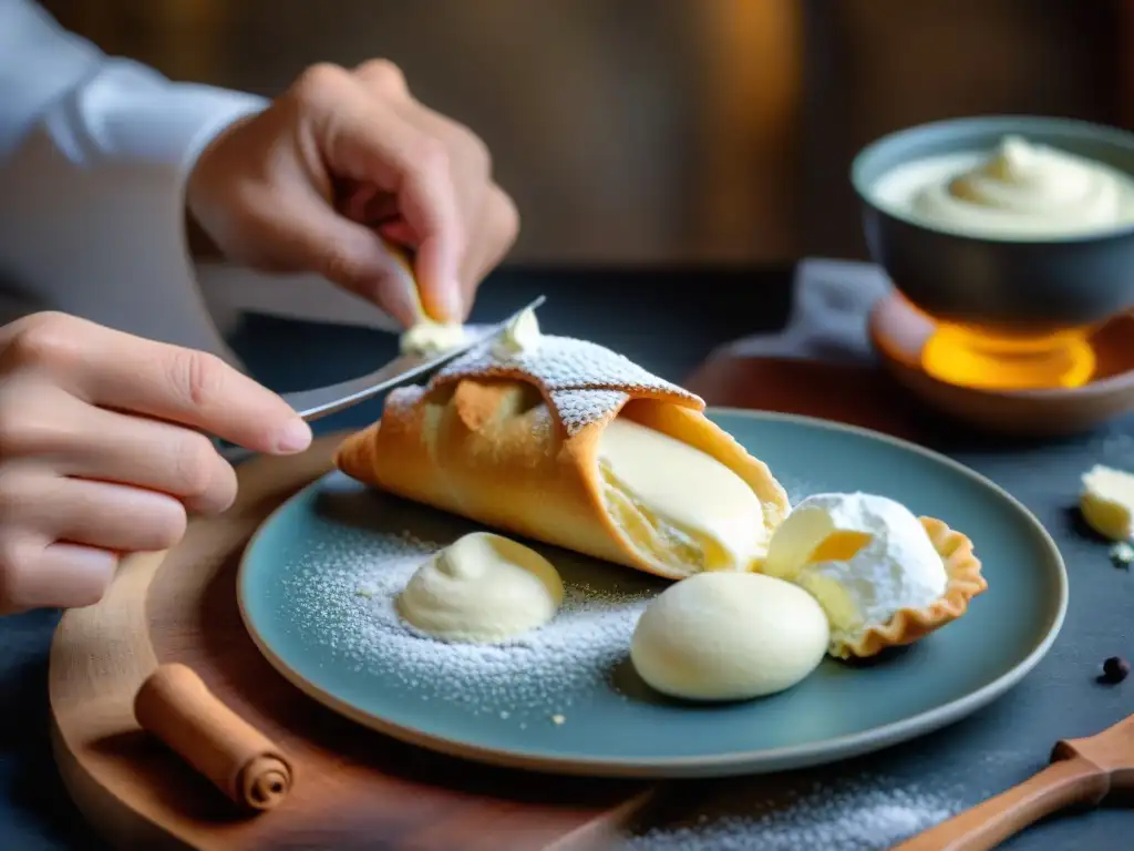 Maestro repostero siciliano rellena un cannoli con crema de ricotta, mostrando la técnica tradicional