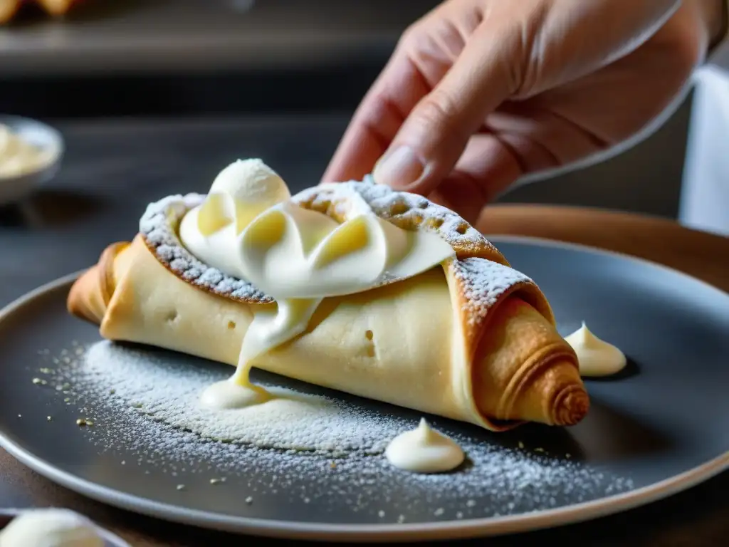 Un maestro repostero siciliano rellena un Cannoli con destreza, mostrando técnicas de repostería