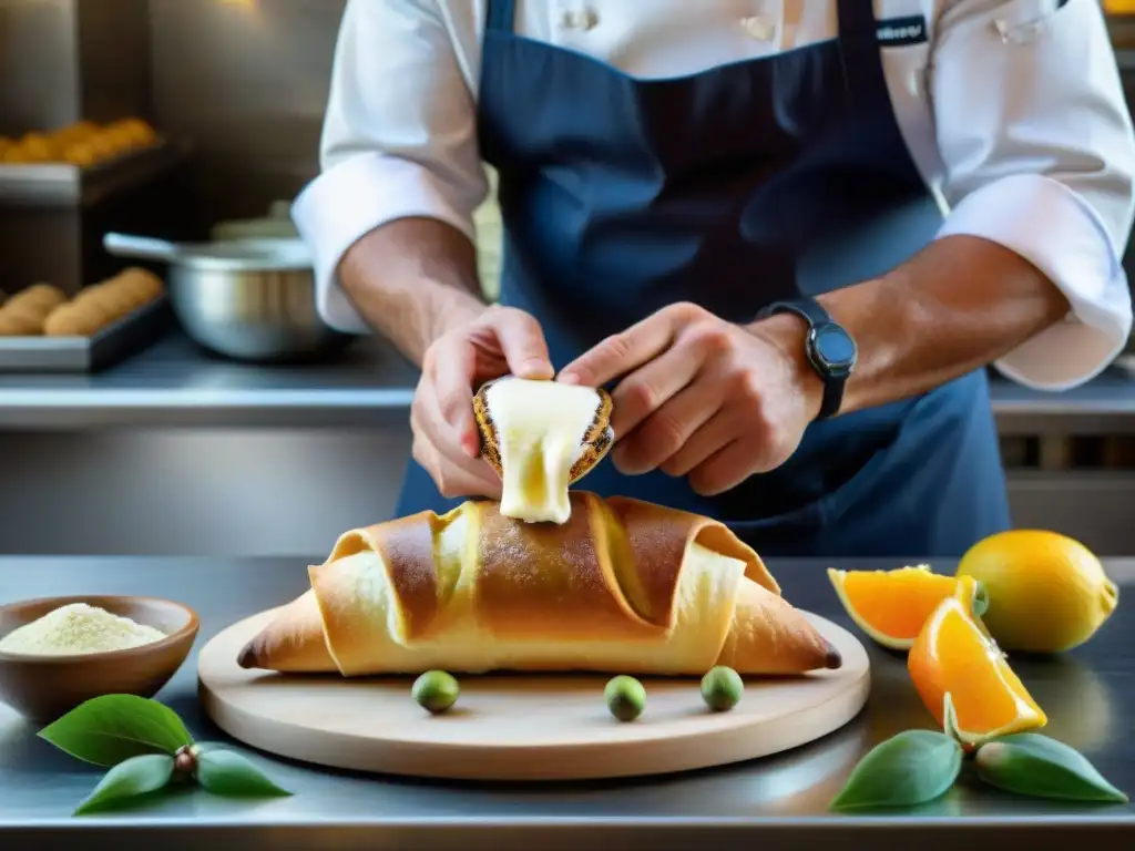 Un maestro repostero siciliano elaborando un Cannoli siciliano receta tradicional con precisión y pasión en las bulliciosas calles de Sicilia