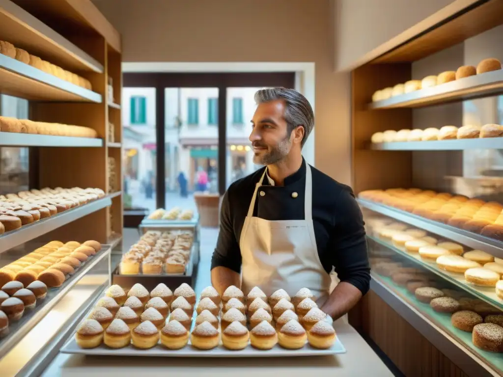 Un maestro repostero crea un tiramisú en bulliciosa panadería italiana, con repostería variada