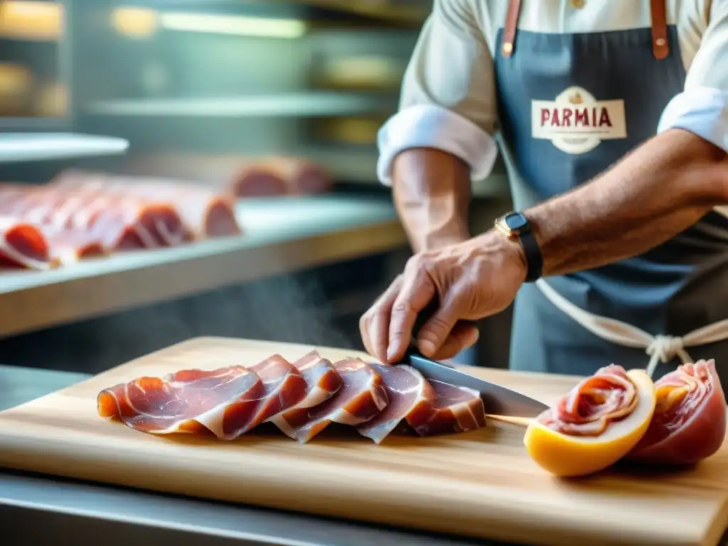 Un maestro salumiere corta expertamente una lonja marmoleada de Prosciutto di Parma gourmet mundial