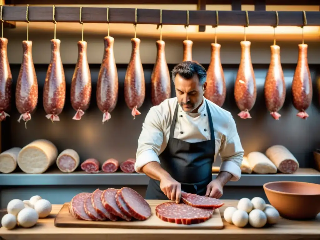 Un maestro salumiere italiano elaborando embutidos artesanales en un taller rústico