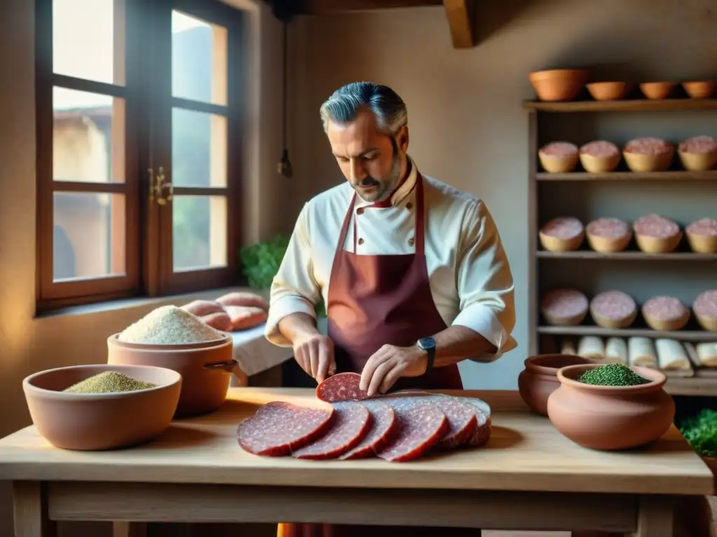 Un maestro salumiere italiano elaborando salamis a mano en una cocina tradicional