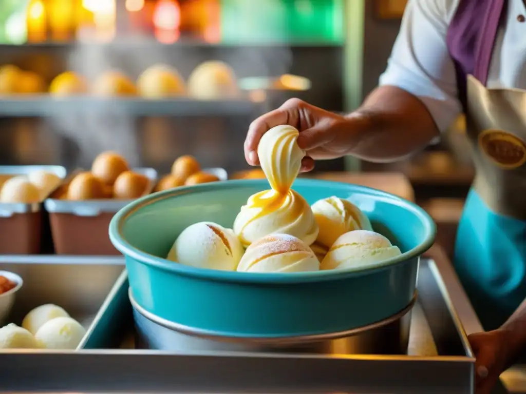 Un maestro siciliano de gelato mezcla hábilmente sabores en un tradicional recipiente de metal mientras la ventana ilumina el ambiente