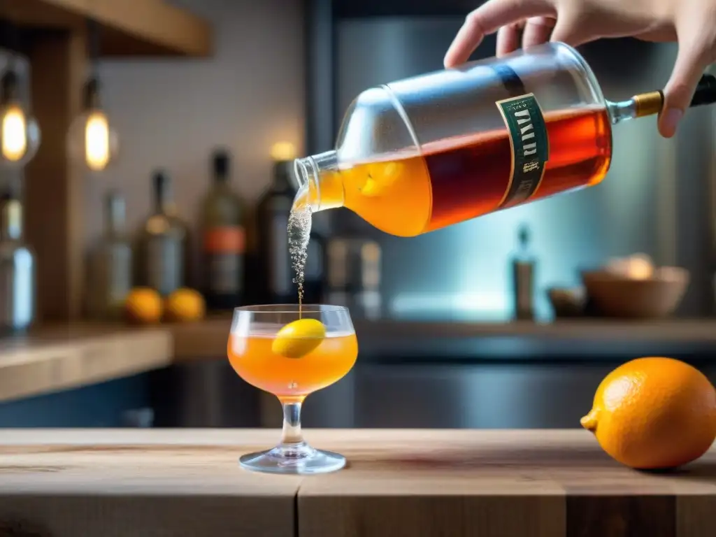 Arte del Spritz: Creación artesanal en cocina italiana Un maestro bartender prepara un Spritz en una cocina italiana
