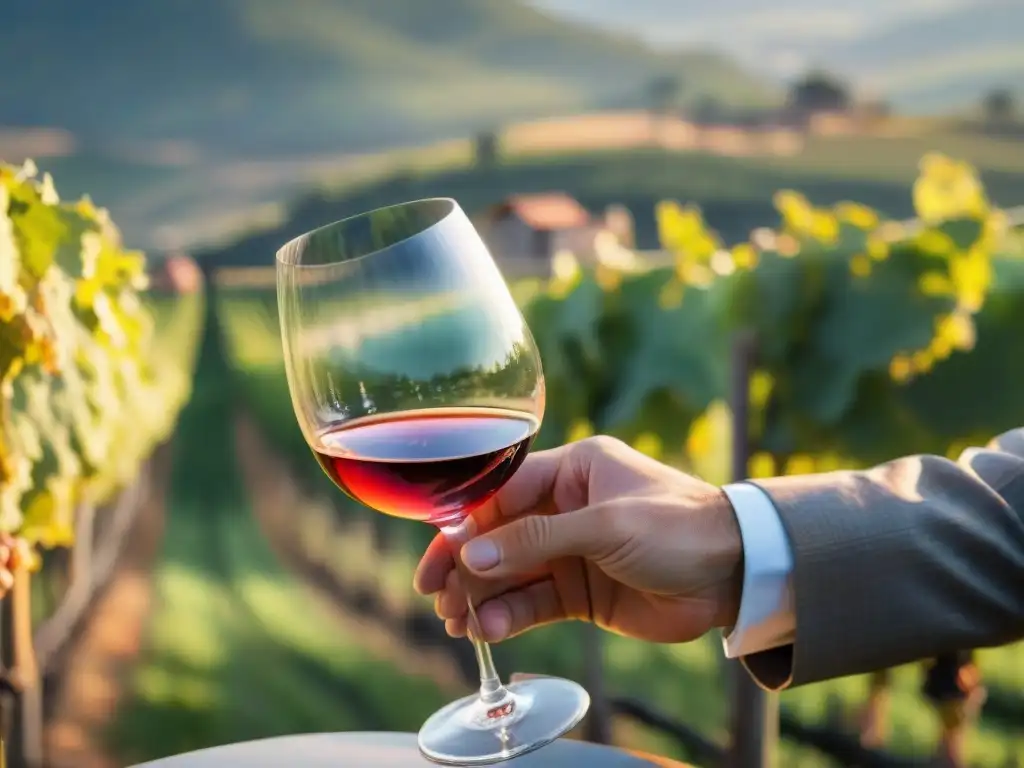 Un maestro sumiller vierte con precisión un vibrante vino Rosato italiano en una copa de cristal, en un viñedo al atardecer