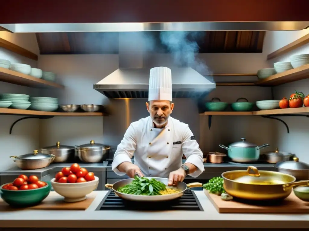 Maestros italianos de la cocina creando platos tradicionales rodeados de ingredientes frescos