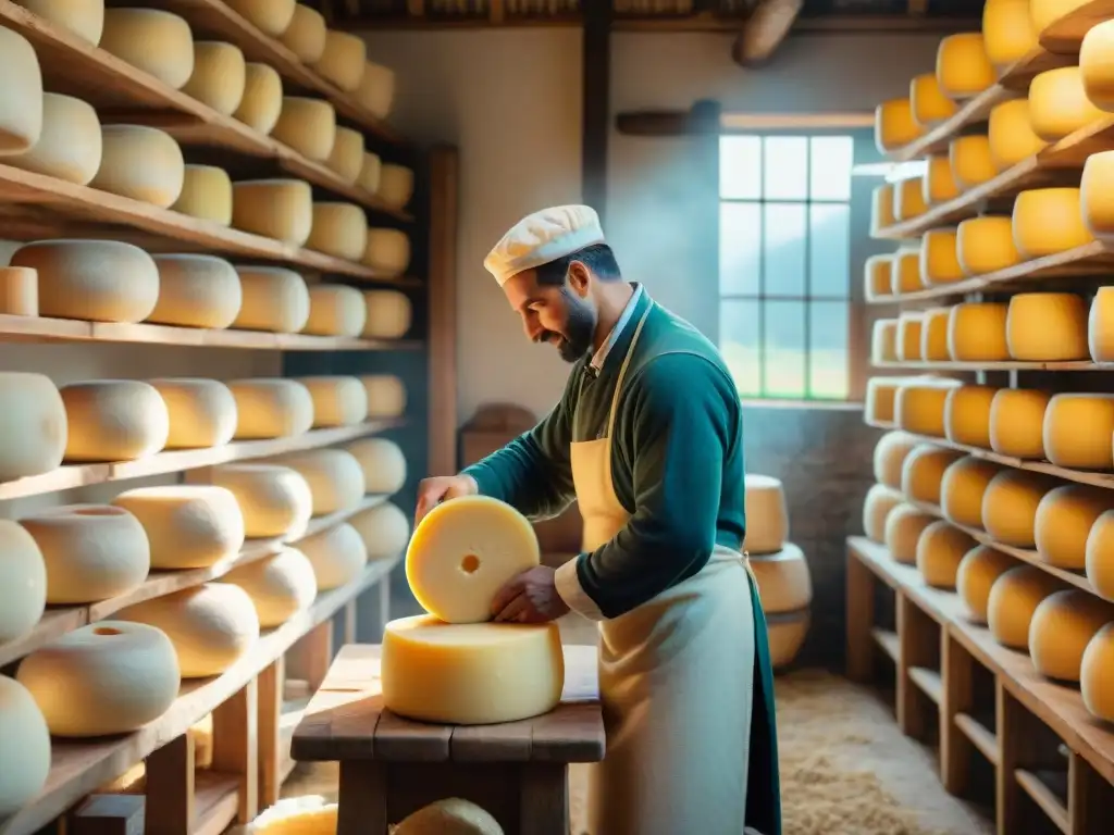 Maestros queseros italianos elaborando Parmigiano Reggiano en granja tradicional, rodeados de historia y cultura quesera