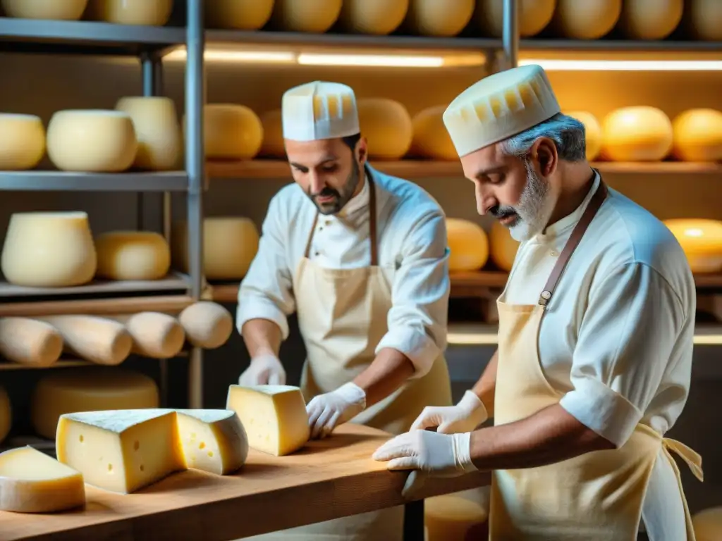 Dos maestros queseros elaborando Parmigiano Reggiano y Pecorino Romano en una fábrica italiana, destacando las diferencias entre ambos quesos