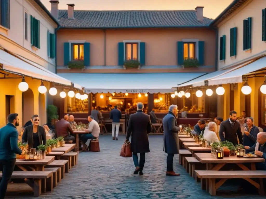 La magia del aperitivo italiano en una animada plaza al atardecer