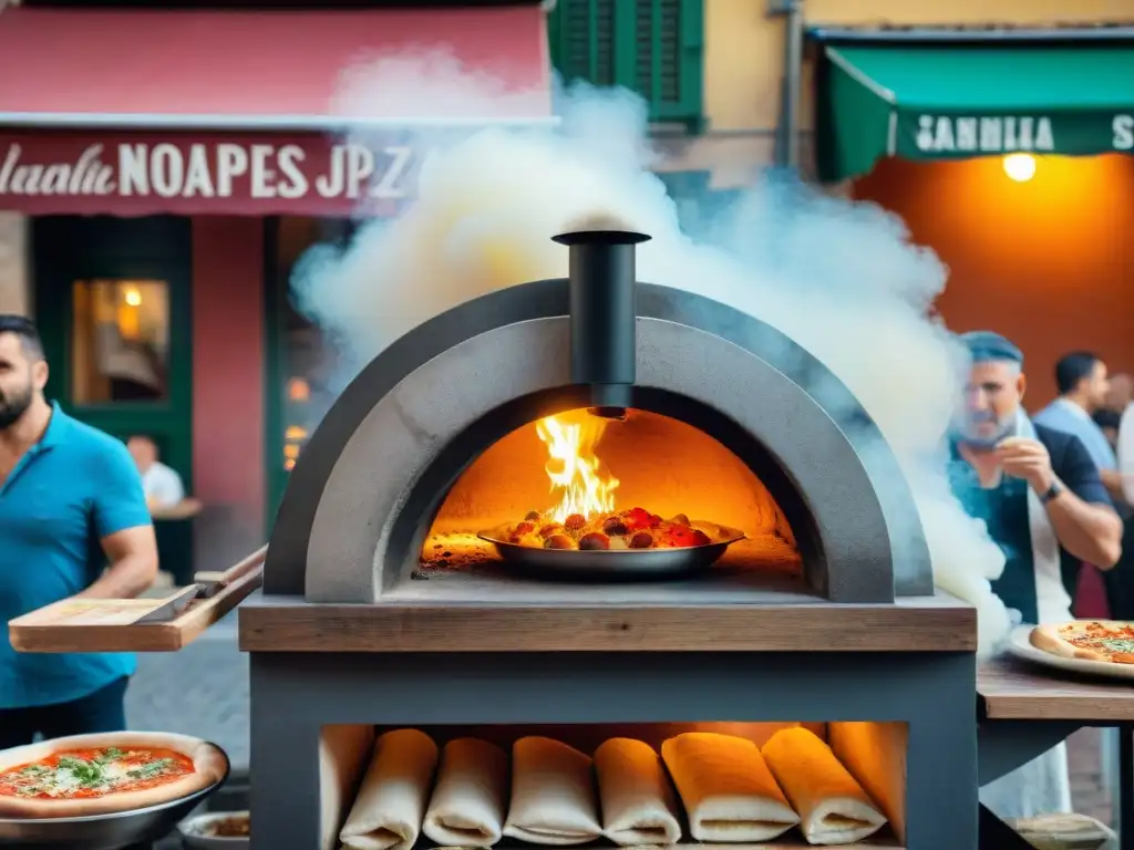 La magia de la pizza italiana comida callejera en Nápoles: pizzaiolo en acción y multitud expectante