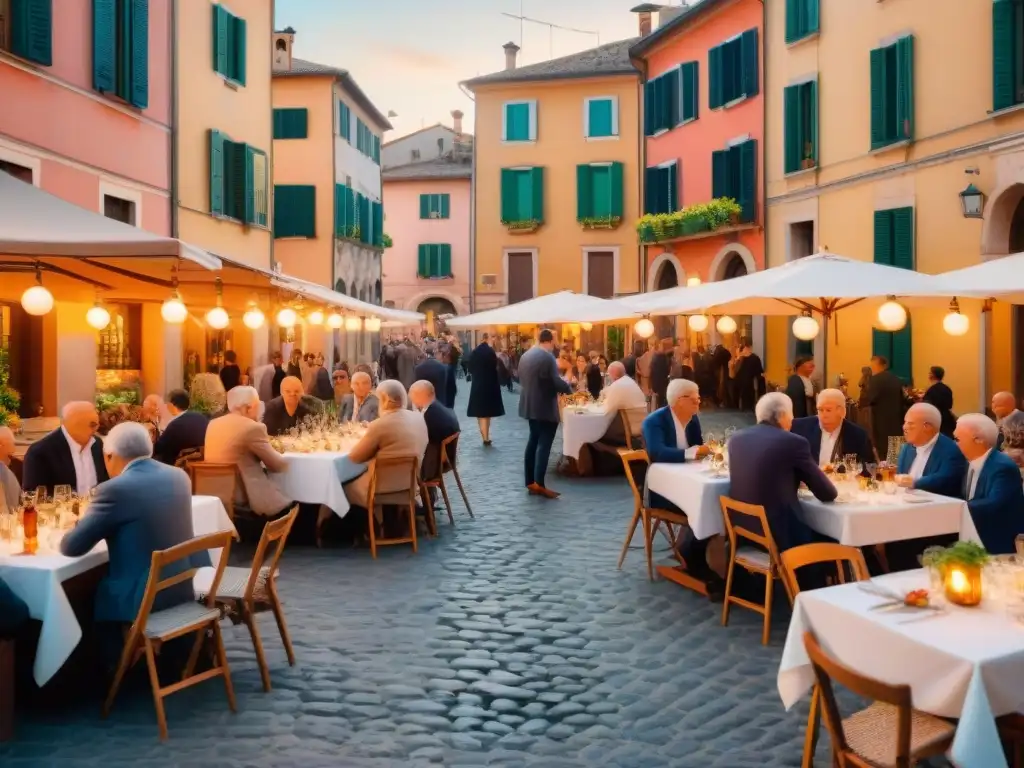 La mágica cultura del Aperitivo en Italia: una animada piazza al atardecer, con locales y turistas disfrutando deliciosas tapas y Aperol Spritz