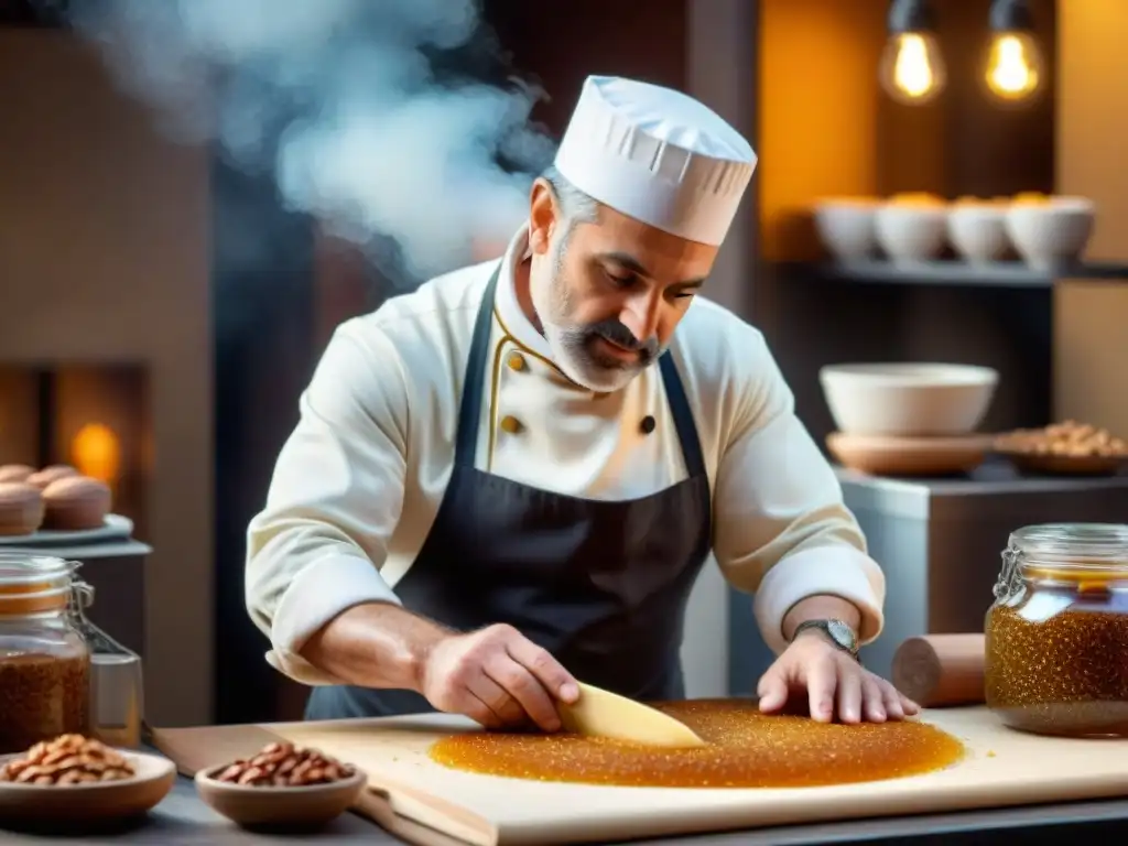 Mágica escena navideña: maestro repostero italiano elaborando dulce navideño Torroncino a mano con precisión