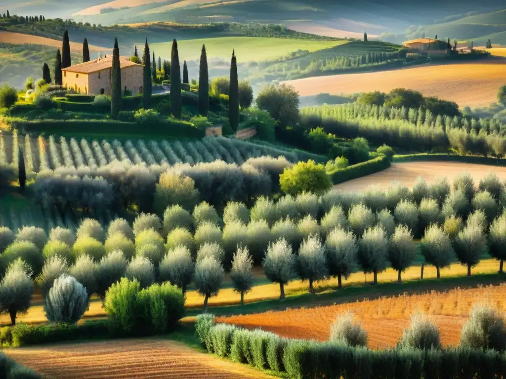 Un mágico atardecer en un extenso olivar en la Toscana, Italia