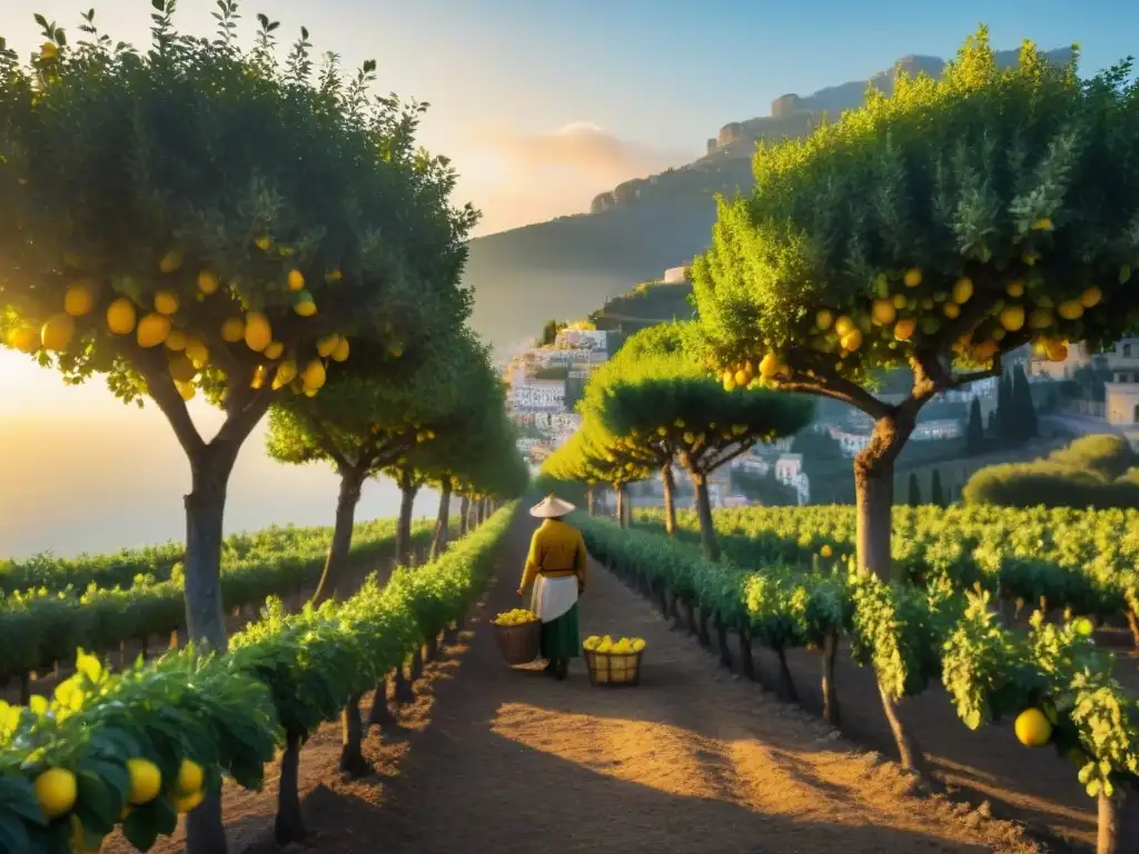 Un mágico atardecer en un limonar de Sorrento, con un granjero recolectando limones