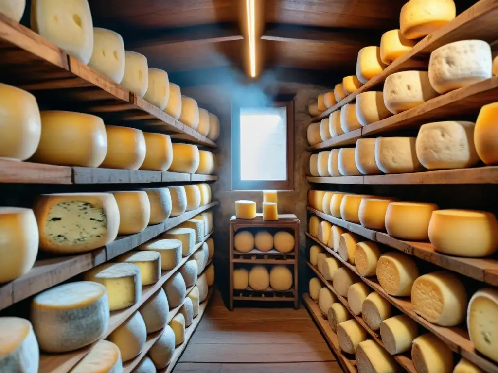 Un rincón mágico en una bodega de quesos tradicional italiana, resaltando la importancia de la fermentación de quesos italianos