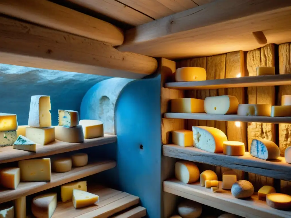 Quesos Gorgonzola y Roquefort en Cueva de Maduración Un mágico escenario en una cueva de maduración de quesos azules, con filas de Gorgonzola y Roquefort en estantes de madera