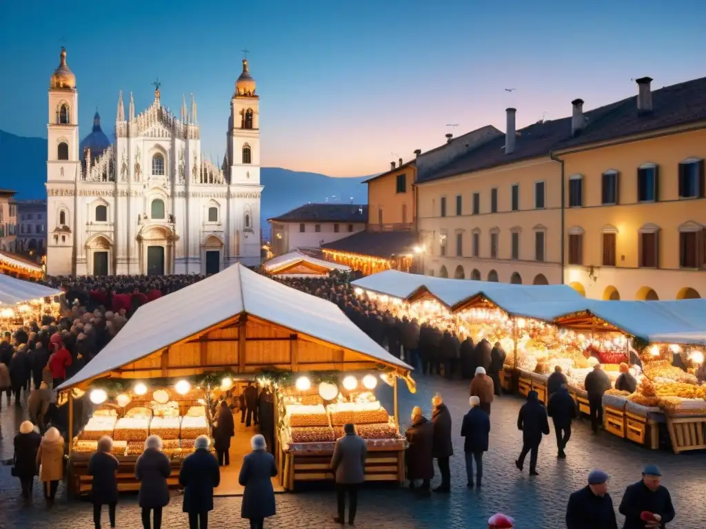 Un mágico mercado navideño italiano con una batalla de dulces italianos navideños, iluminado por luces festivas al atardecer